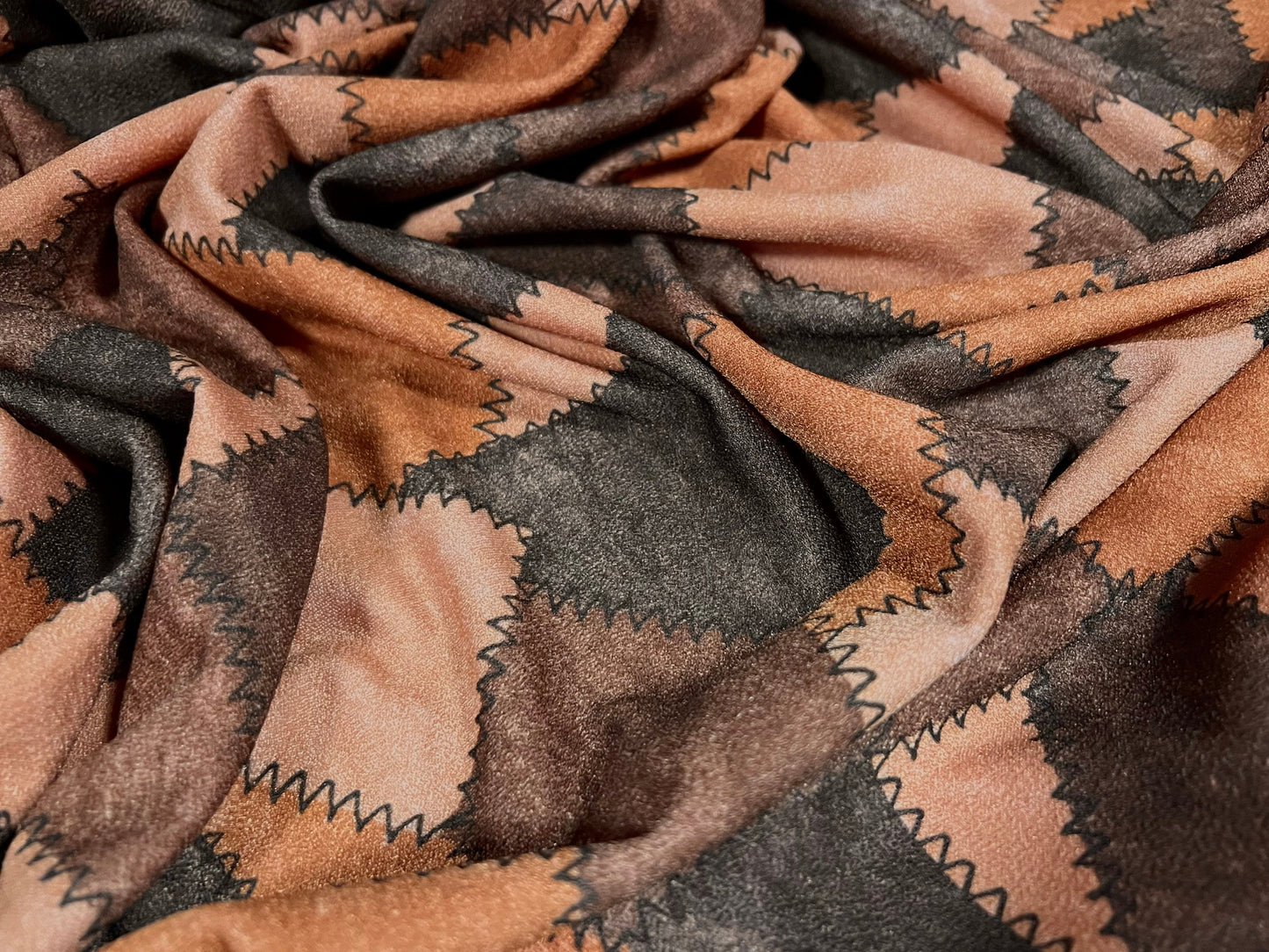 Scuba crepe fabric stretch spandex jersey, per metre - patchwork print - brown & peach