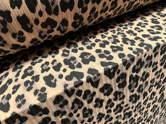 Recycled Spandex rib stretch jersey fabric, per metre - leopardskin animal print - beige black grey