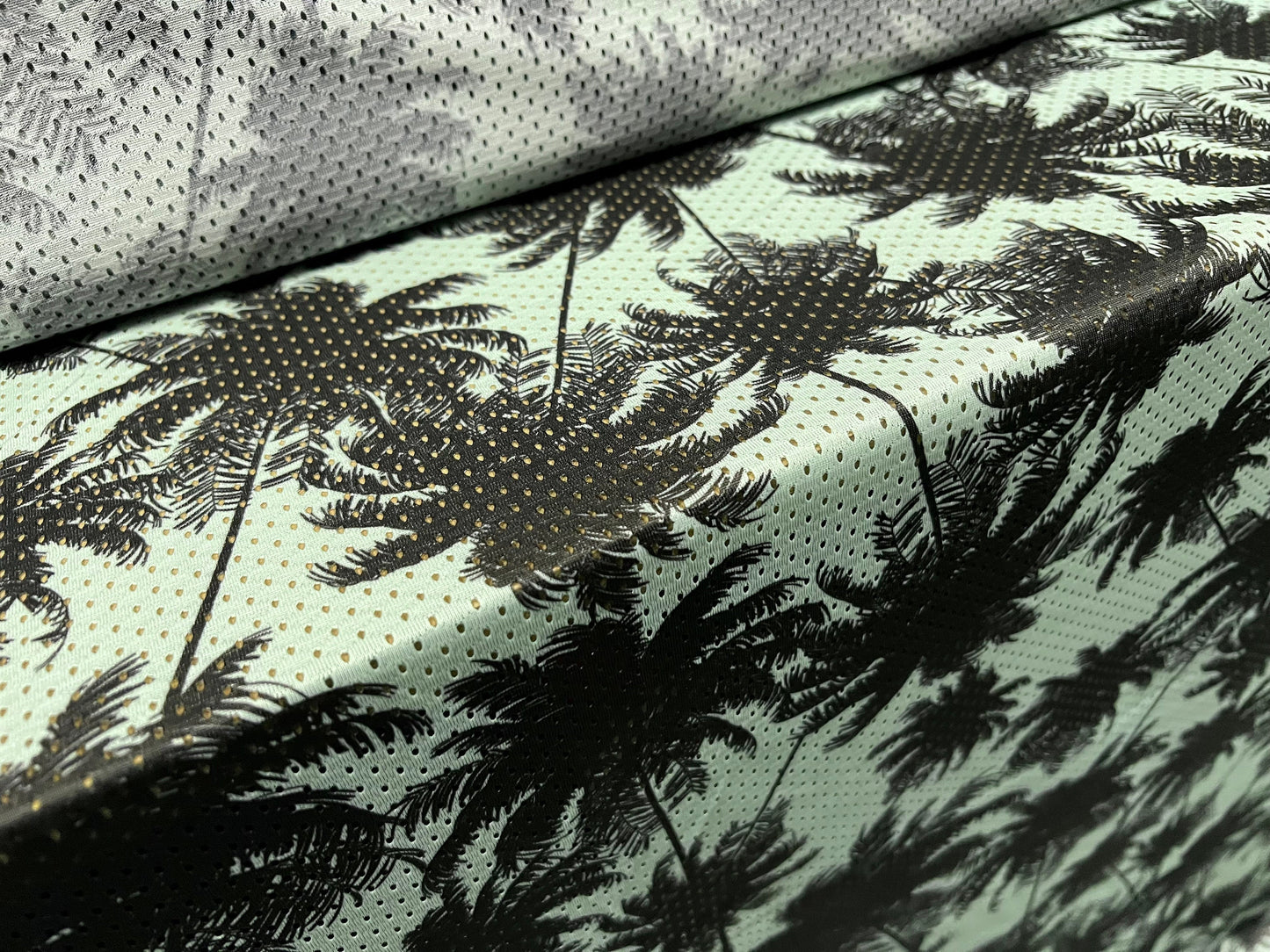 Airtex mesh fishnet fabric, per metre - Hawaiian palm trees print - aqua & black