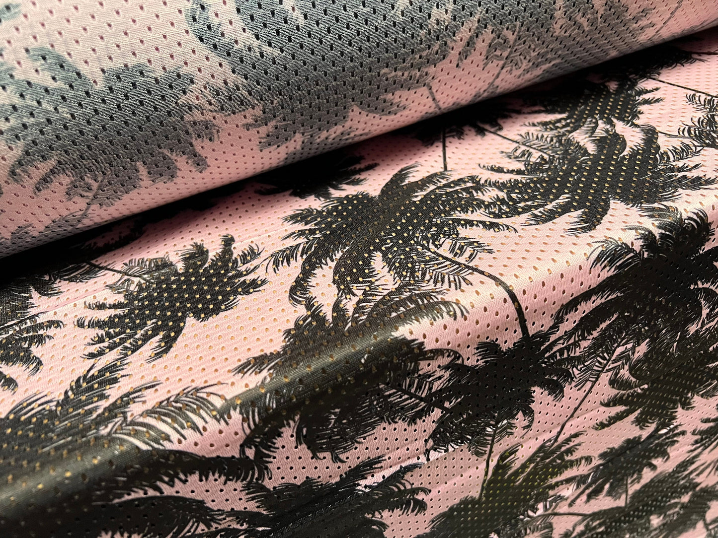 Airtex mesh fishnet fabric, per metre - Hawaiian palm trees print - pink & black