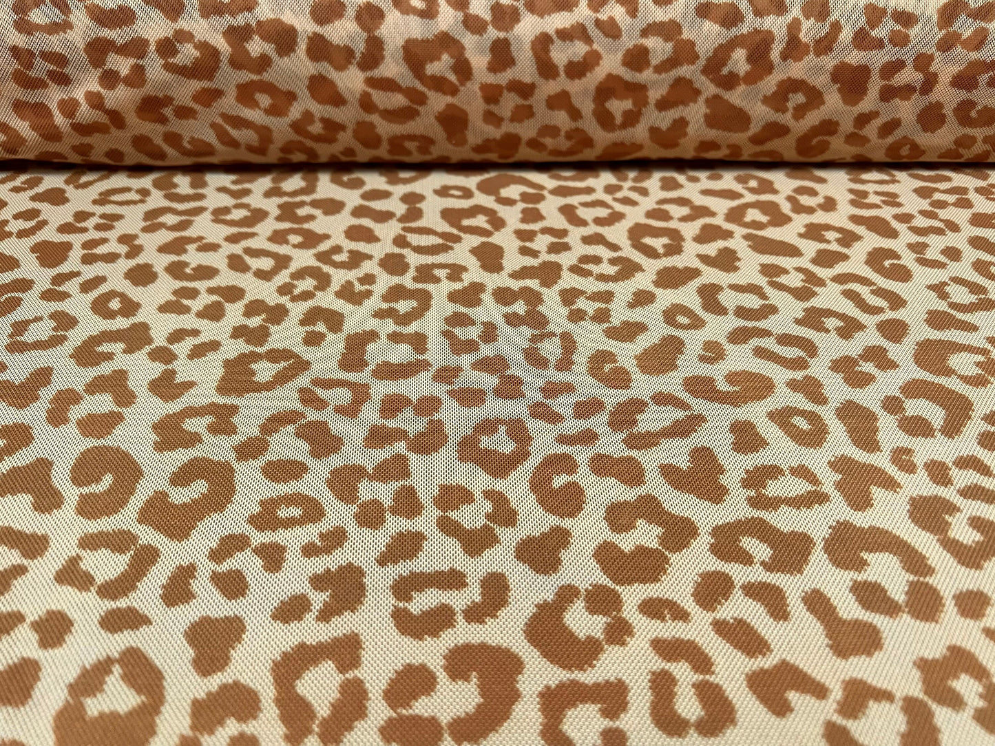 Power mesh net stretch spandex fabric, per metre - cheetah animal print - light brown