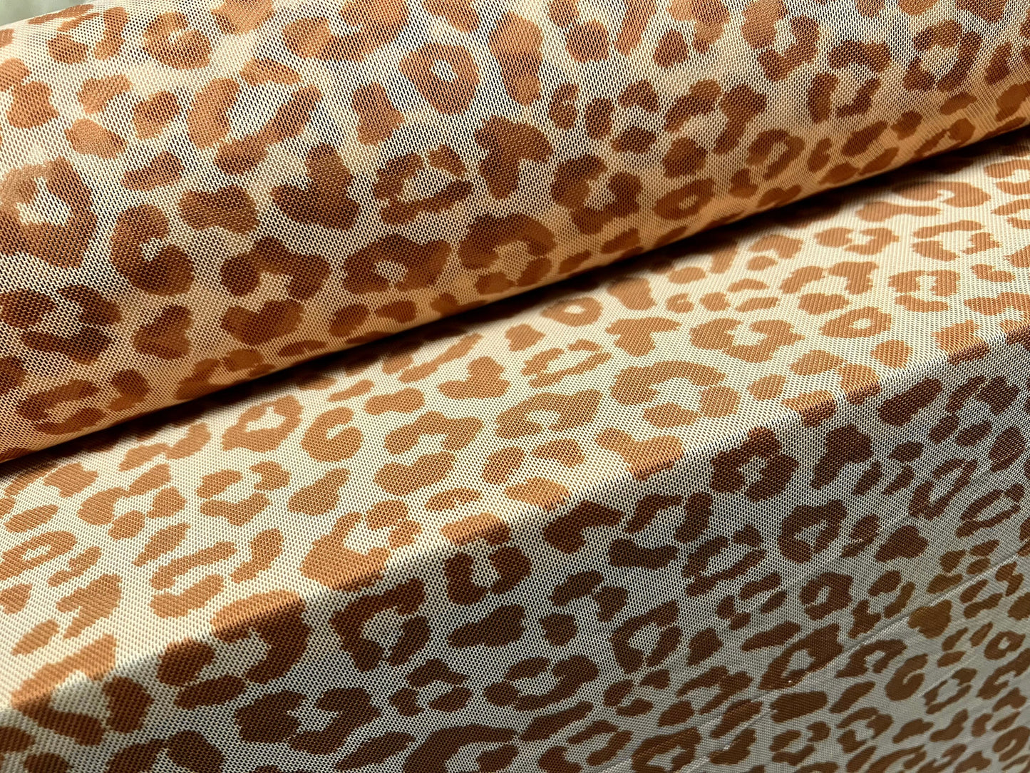 Power mesh net stretch spandex fabric, per metre - cheetah animal print - light brown