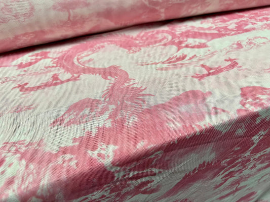 Power mesh net stretch spandex fabric, per metre - Oriental dragon and pagoda print - blush pink