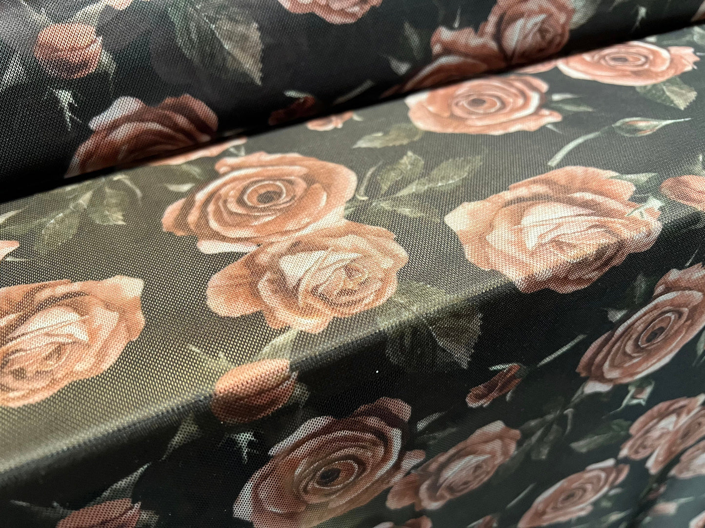 Power mesh net stretch spandex fabric, per metre - rose flower print - black & burnt coral