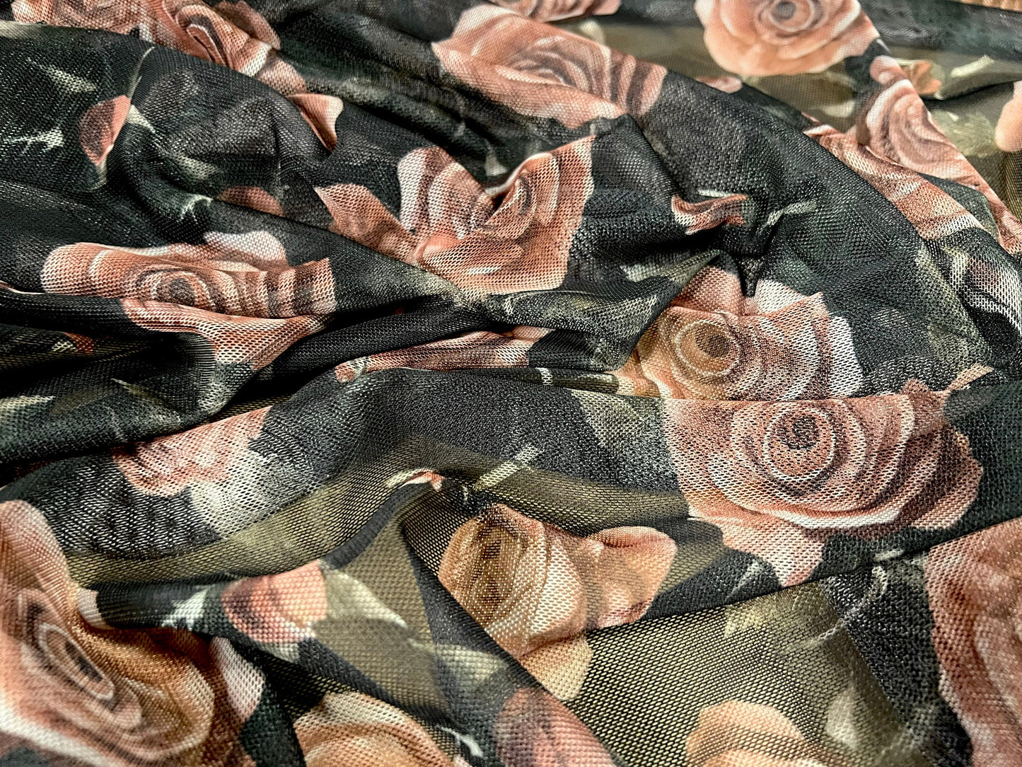 Power mesh net stretch spandex fabric, per metre - rose flower print - black & burnt coral