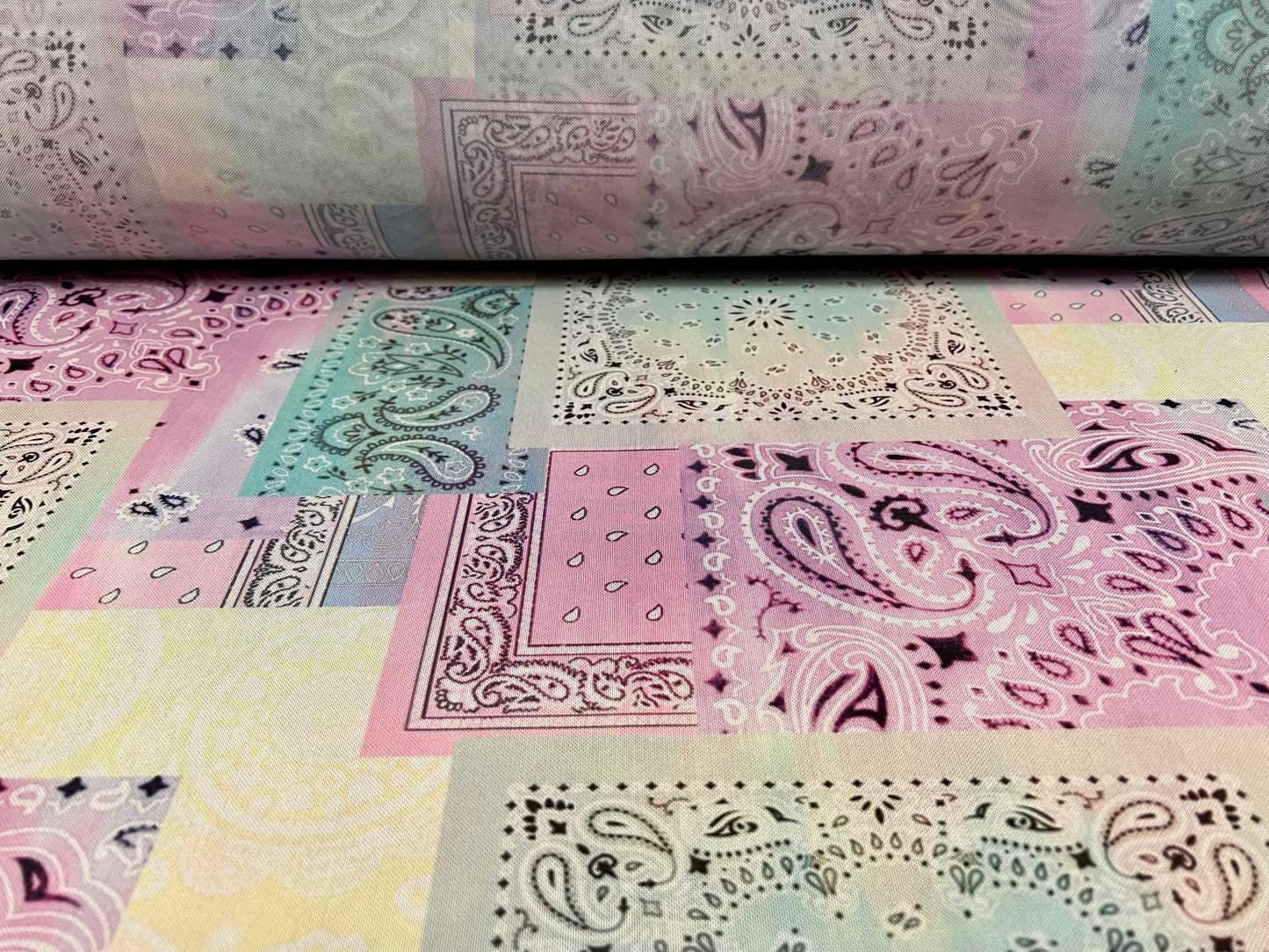 Power mesh net stretch spandex fabric, per metre - paisley squares print - pink lilac aqua