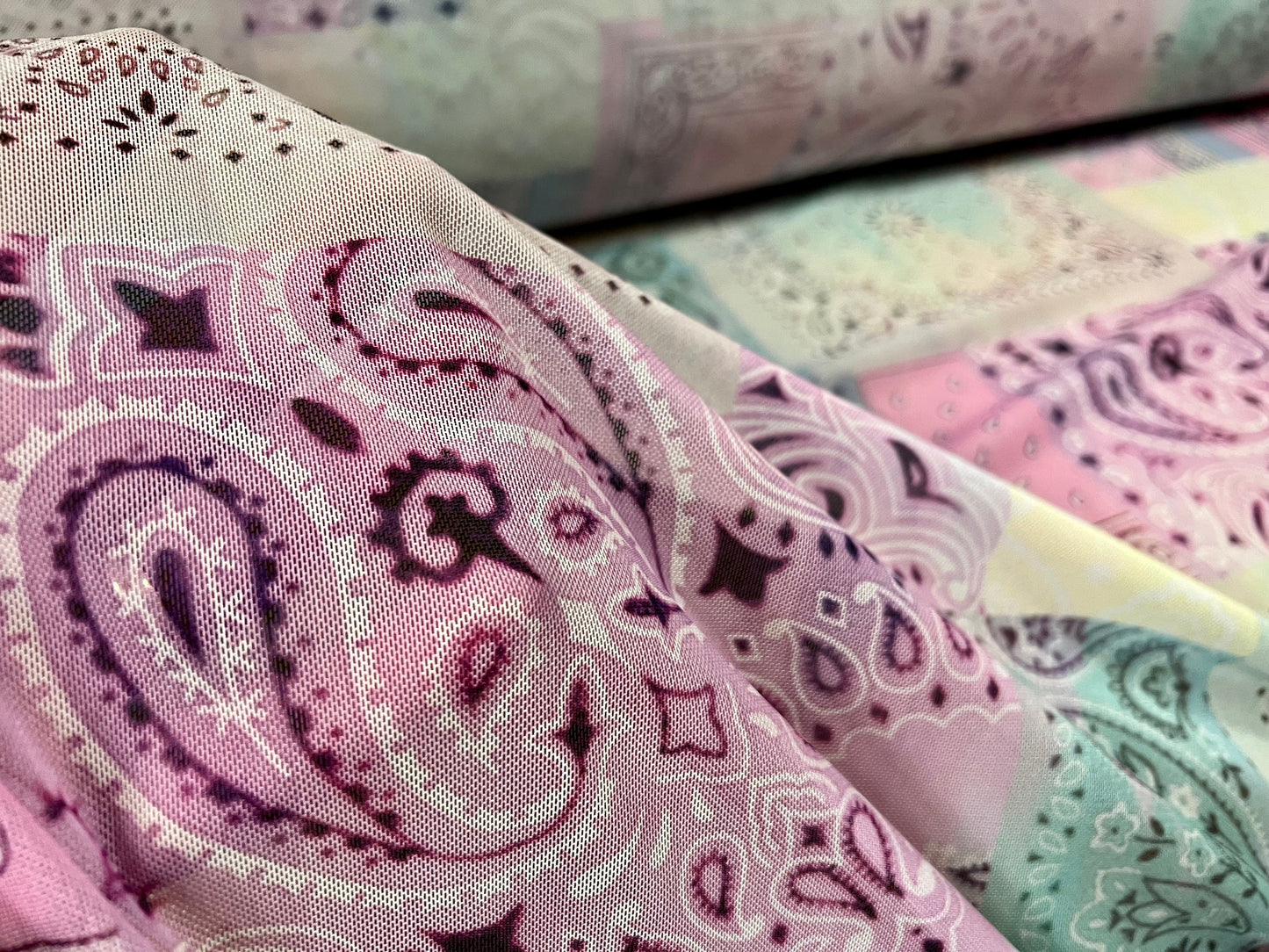 Power mesh net stretch spandex fabric, per metre - paisley squares print - pink lilac aqua