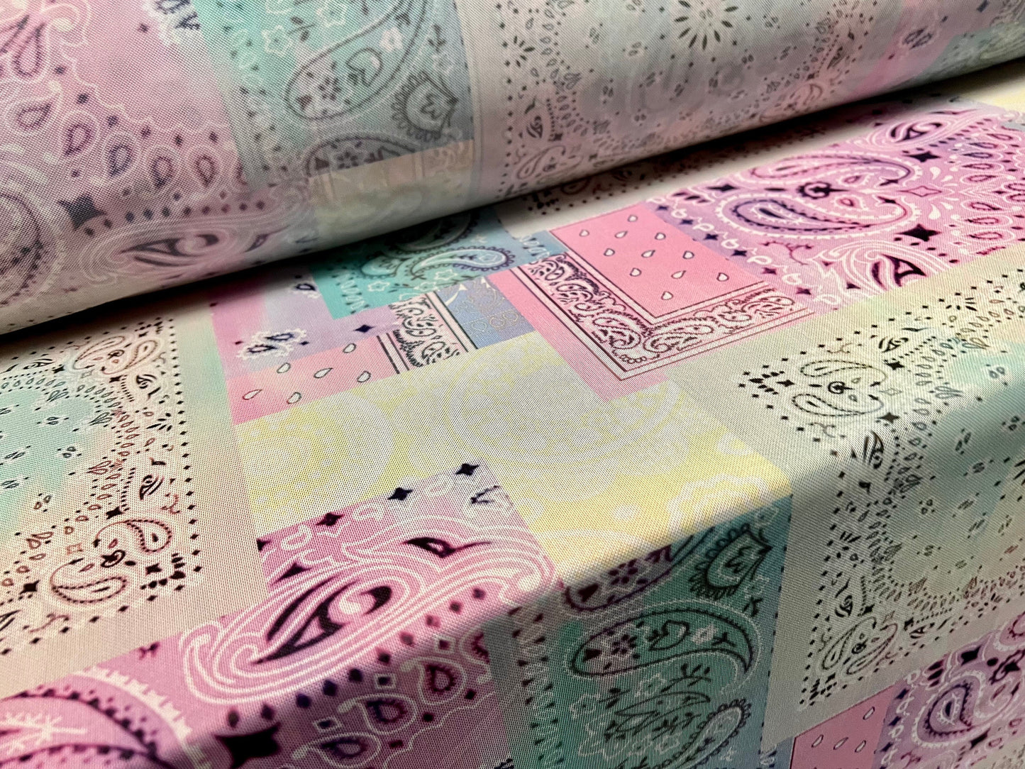 Power mesh net stretch spandex fabric, per metre - paisley squares print - pink lilac aqua