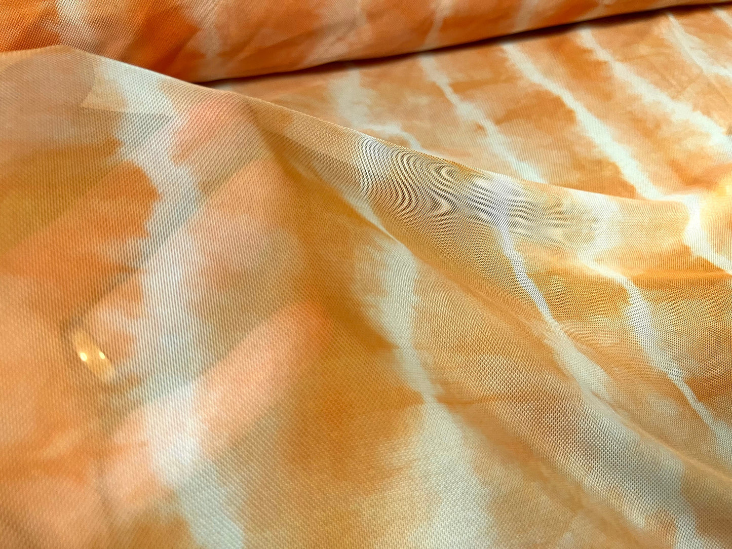 Power mesh net stretch spandex fabric, per metre - tie dye stripe print - orange