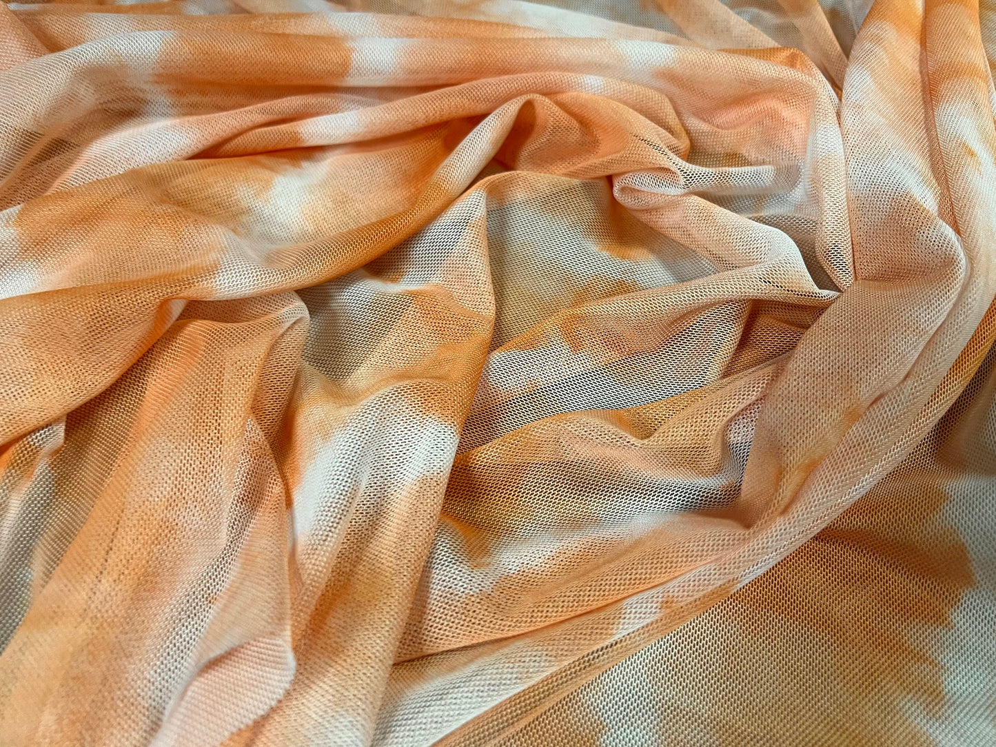 Power mesh net stretch spandex fabric, per metre - tie dye stripe print - orange