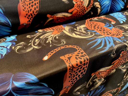 Power mesh net stretch spandex fabric, per metre - Leopardskin & feathers print - black orange blue