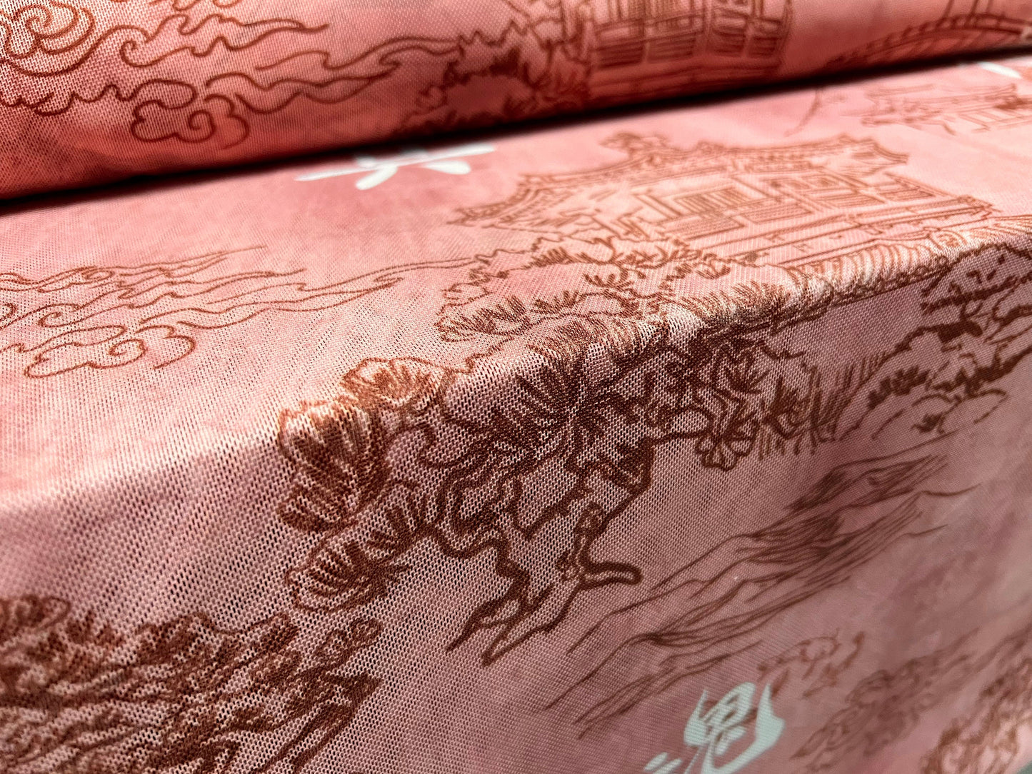 Power mesh net stretch spandex fabric, per metre - Oriental dragon and pagoda print - coral