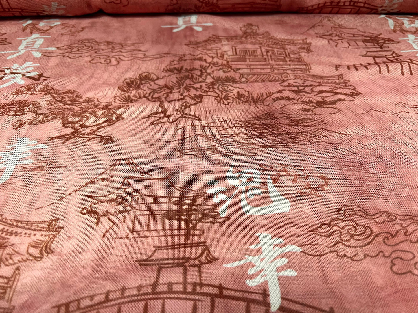 Power mesh net stretch spandex fabric, per metre - Oriental dragon and pagoda print - coral