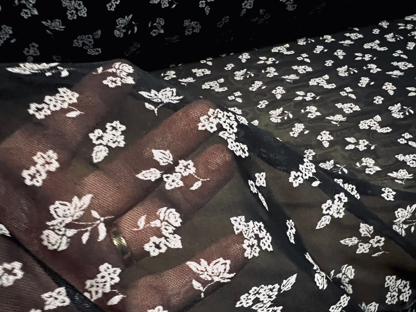 Power mesh net stretch spandex fabric, per metre - ditsy flower print - black & light grey