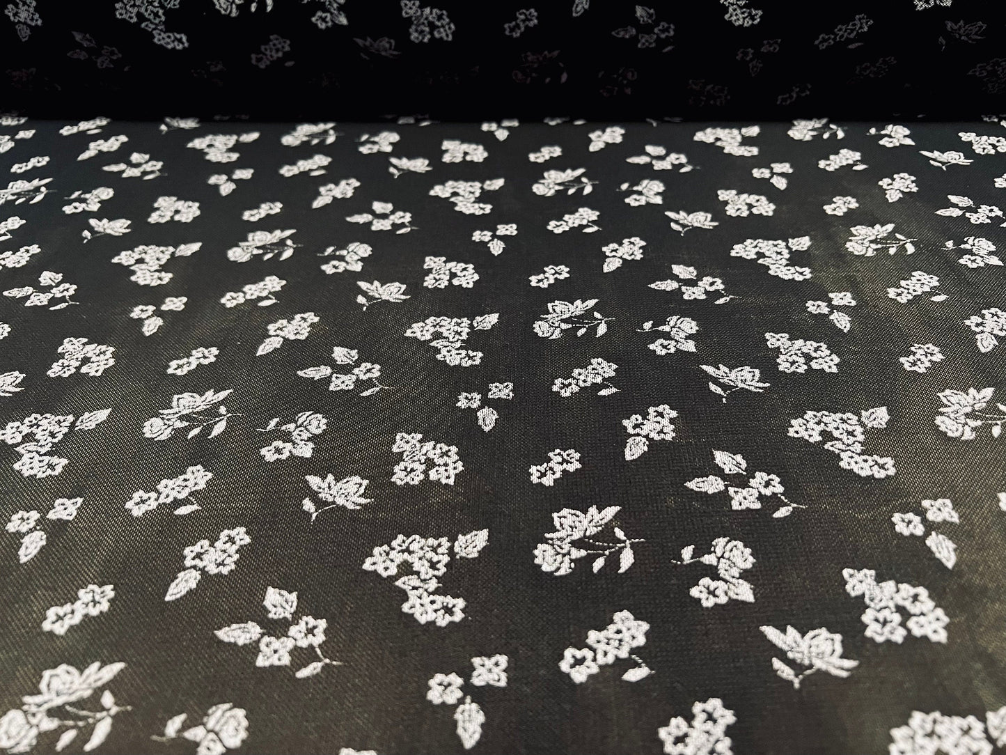 Power mesh net stretch spandex fabric, per metre - ditsy flower print - black & light grey