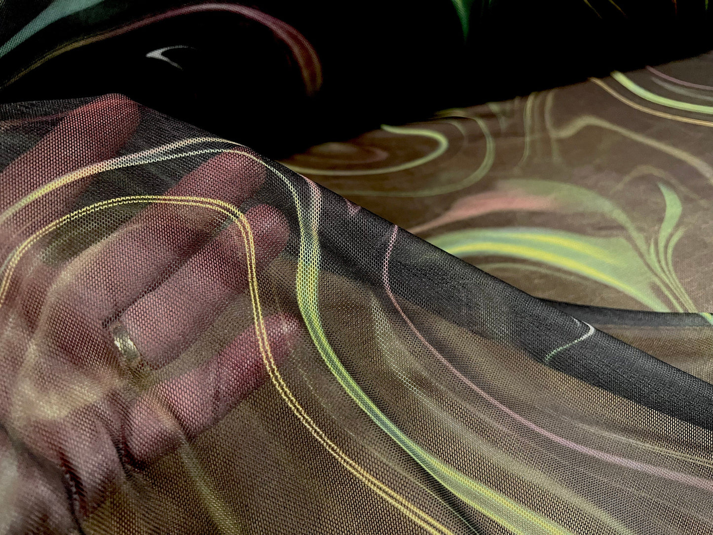 Power mesh net stretch spandex fabric, per metre - swirl print - black & green