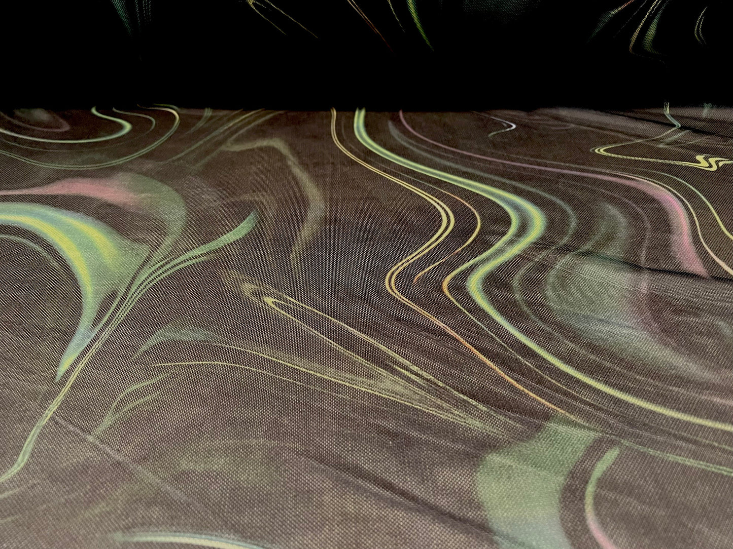 Power mesh net stretch spandex fabric, per metre - swirl print - black & green