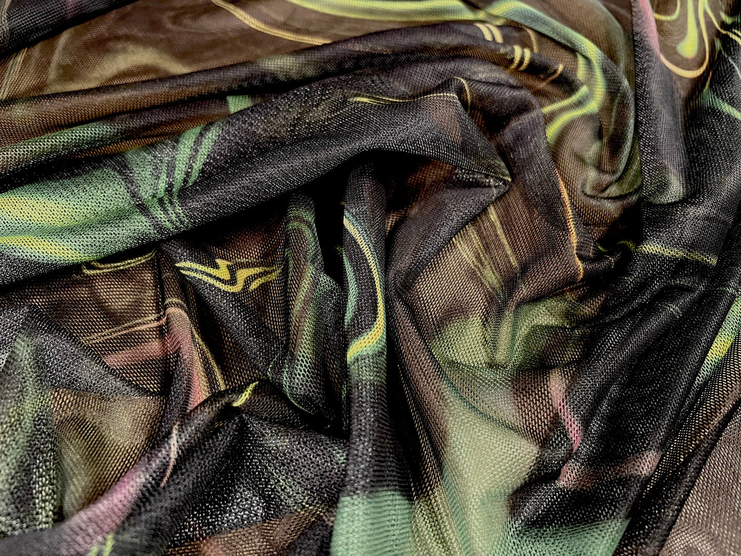 Power mesh net stretch spandex fabric, per metre - swirl print - black & green