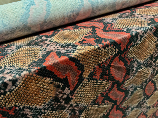 Soft handle stretch spandex single jersey fabric, per metre - snakeskin animal print - orange & red