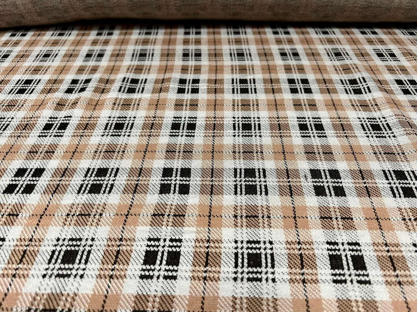 Double jersey spandex knit jersey fabric, per metre - check jacquard - light brown