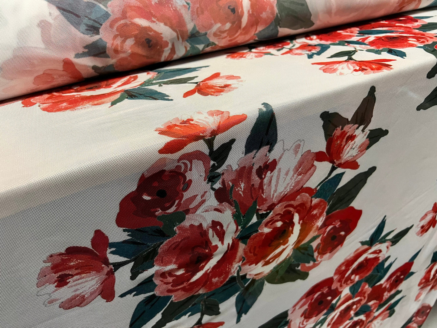 Power mesh net stretch spandex fabric, per metre - Rose flower print - cream & orange