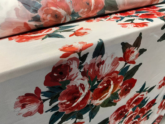 Power mesh net stretch spandex fabric, per metre - Rose flower print - cream & orange