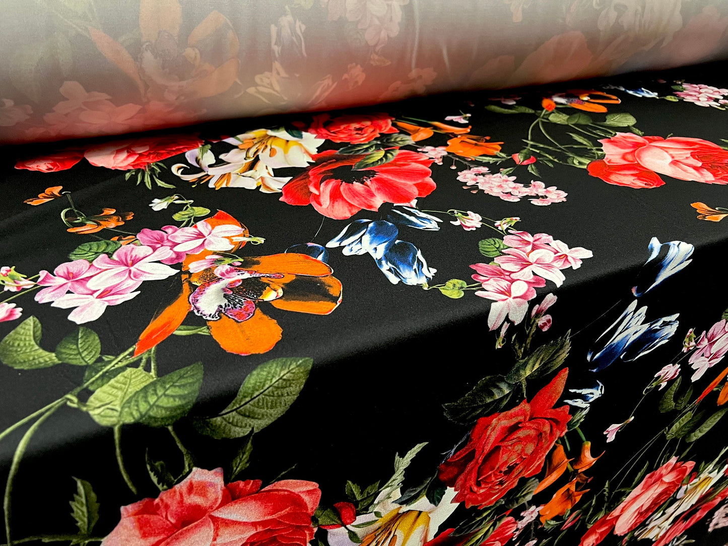 Scuba crepe fabric stretch spandex jersey, per metre - black with multicoloured floral bouquet print