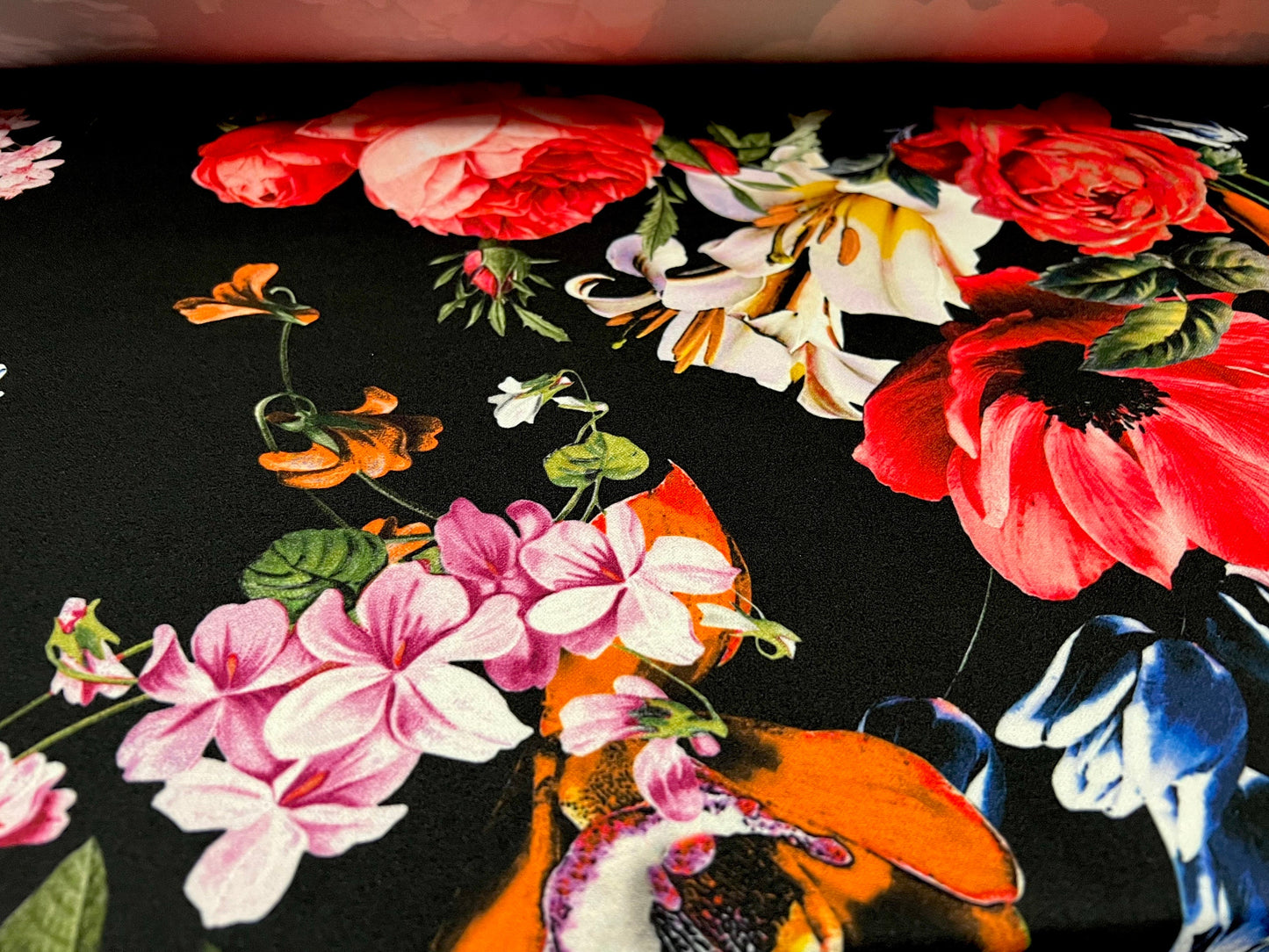 Scuba crepe fabric stretch spandex jersey, per metre - black with multicoloured floral bouquet print