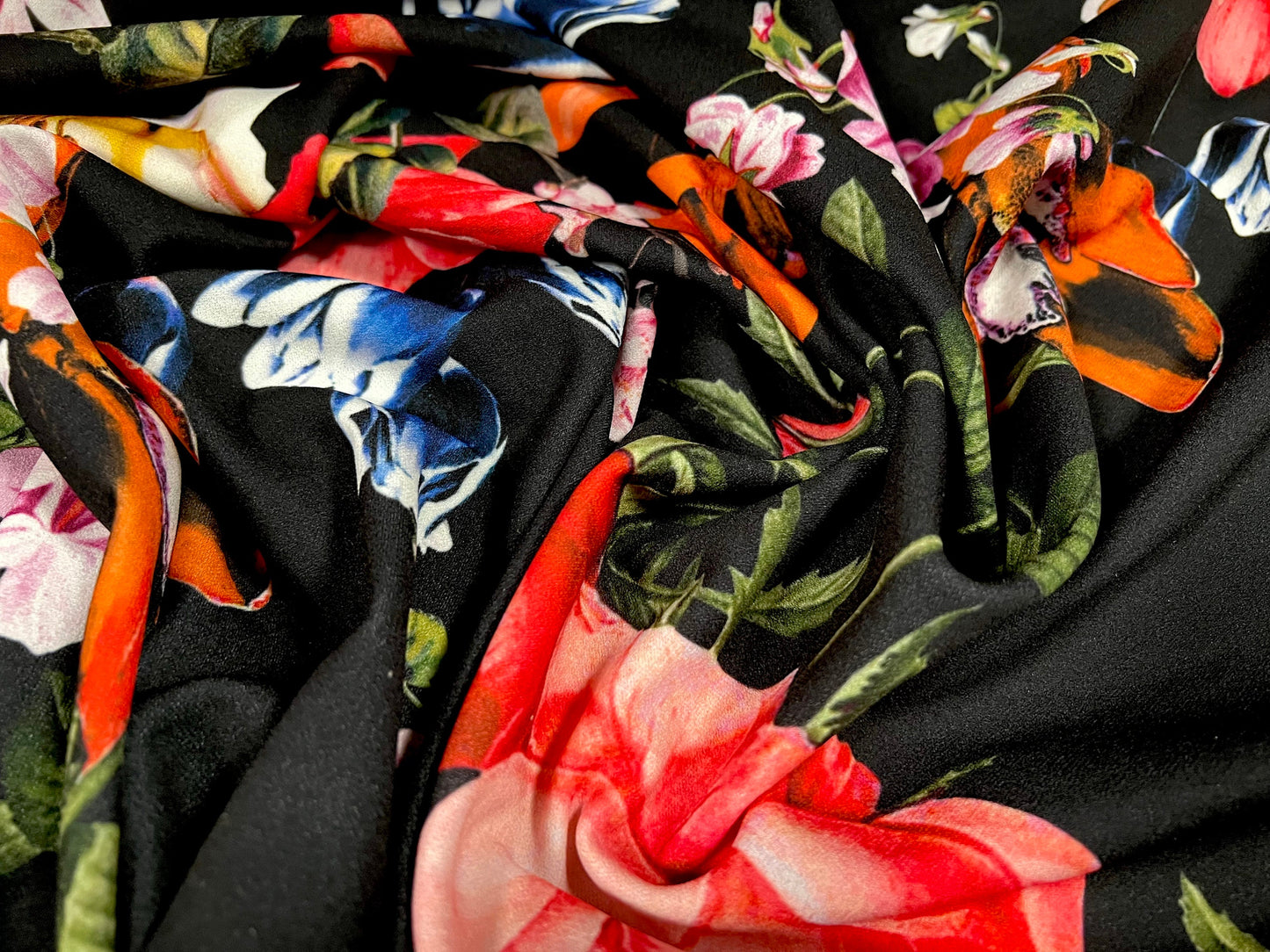 Scuba crepe fabric stretch spandex jersey, per metre - black with multicoloured floral bouquet print