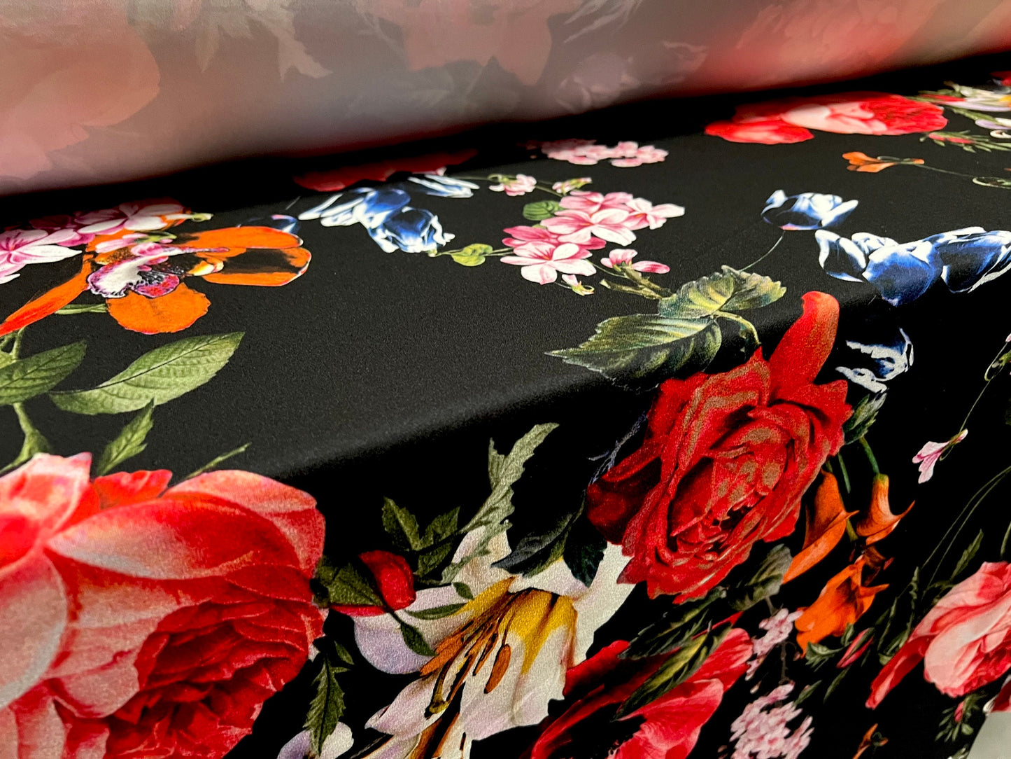 Scuba crepe fabric stretch spandex jersey, per metre - black with multicoloured floral bouquet print