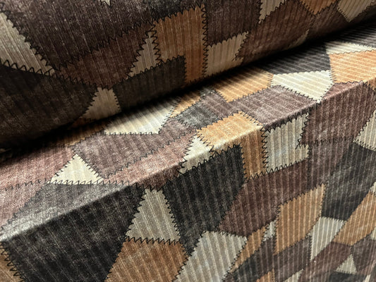 Recycled Spandex rib stretch jersey fabric, per metre - patchwork print - brown grey