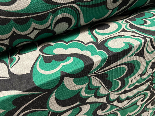 Spandex rib stretch jersey fabric, per metre - retro flower print - emerald green on grey marl