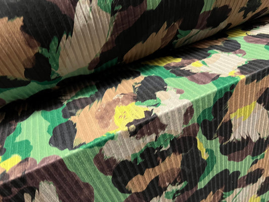 Recycled Spandex rib stretch jersey fabric, per metre - stylised camouflage print - green & tan