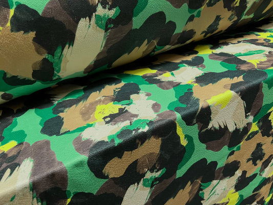 Scuba textured ‘Liverpool’ stretch spandex jersey fabric, per metre - stylised camouflage print - green & tan