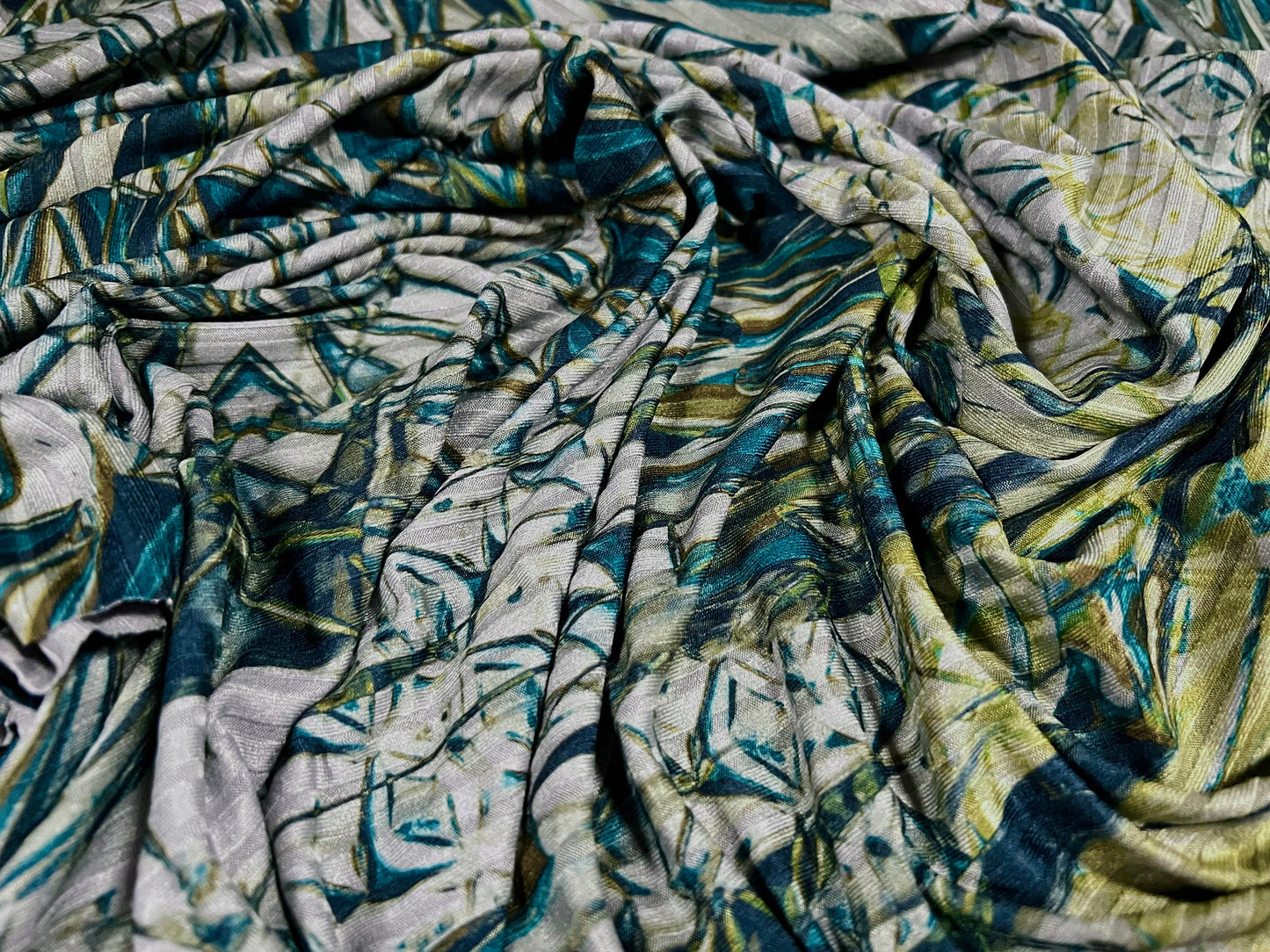 Recycled Spandex rib stretch jersey fabric, per metre - kaleidoscope print - green grey