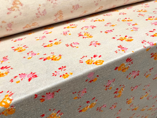 Viscose spandex stretch single jersey fabric, per metre - Ditsy flower print - Cream & orange