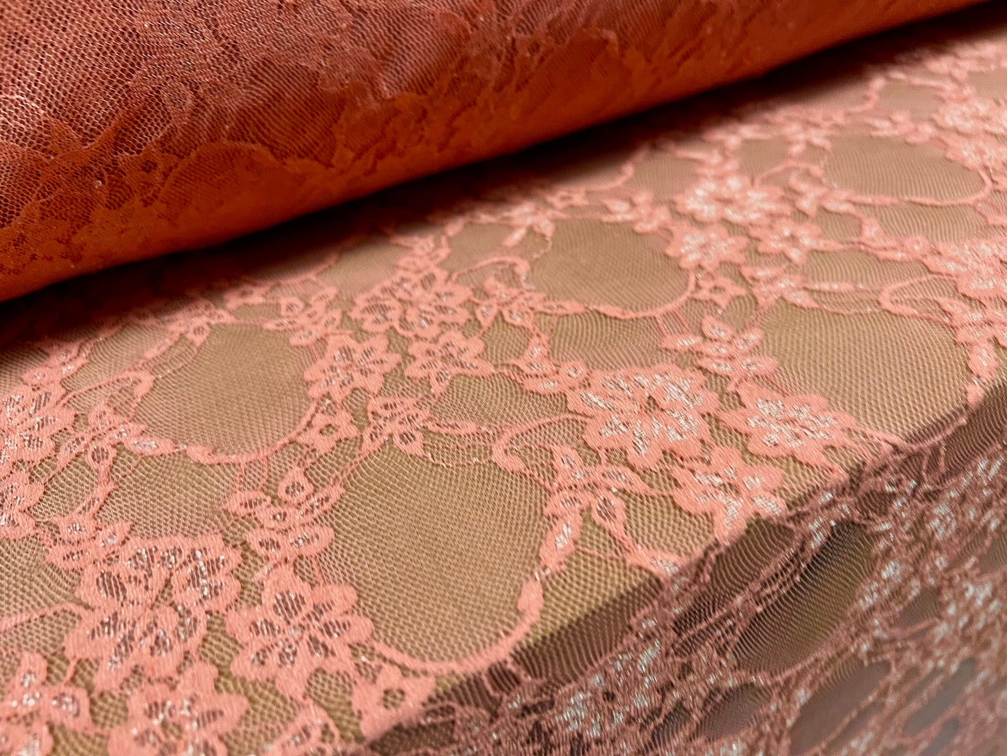 Stretch spandex mesh lace fabric, per metre - floral design - dusky pink