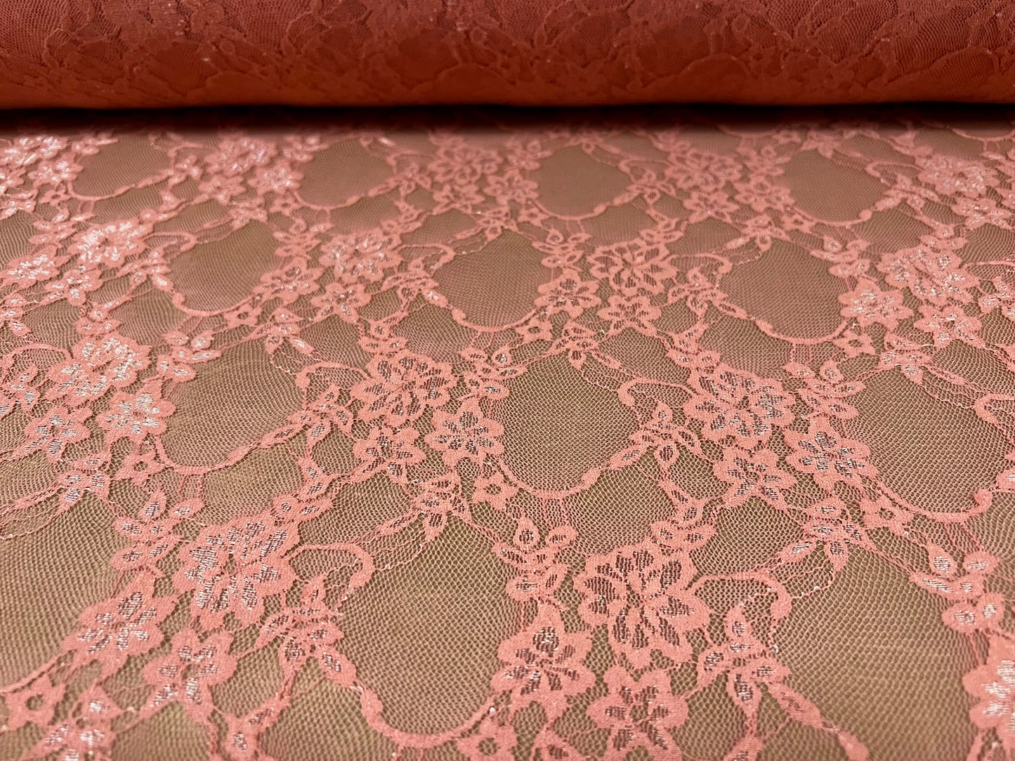 Stretch spandex mesh lace fabric, per metre - floral design - dusky pink