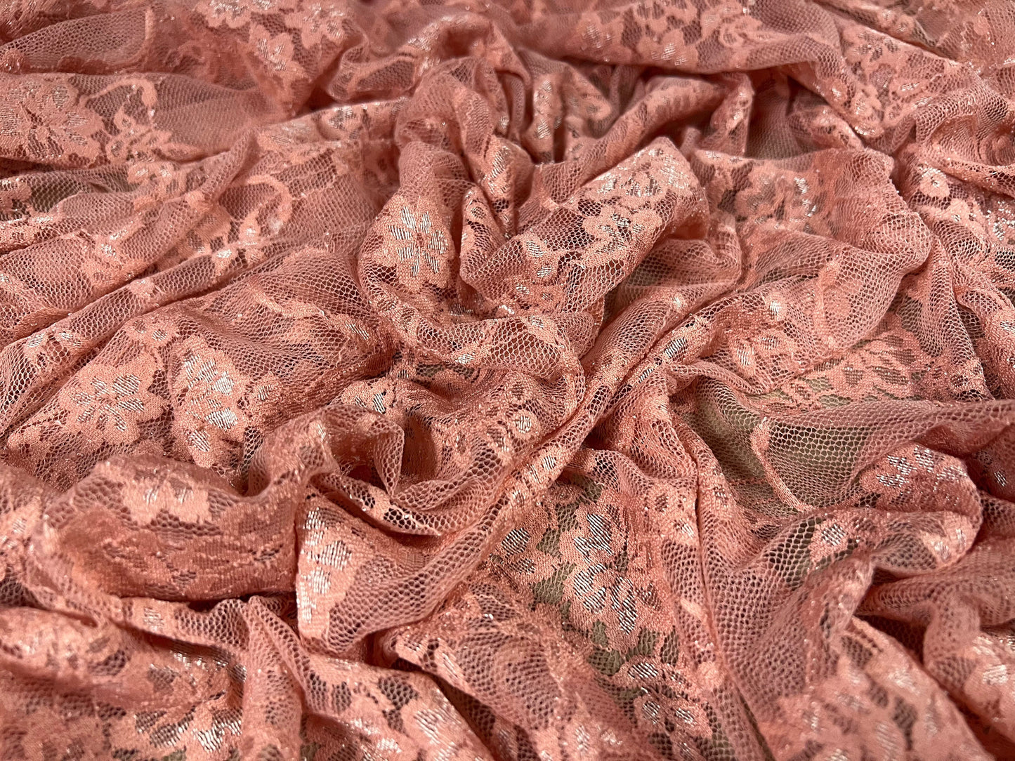 Stretch spandex mesh lace fabric, per metre - floral design - dusky pink