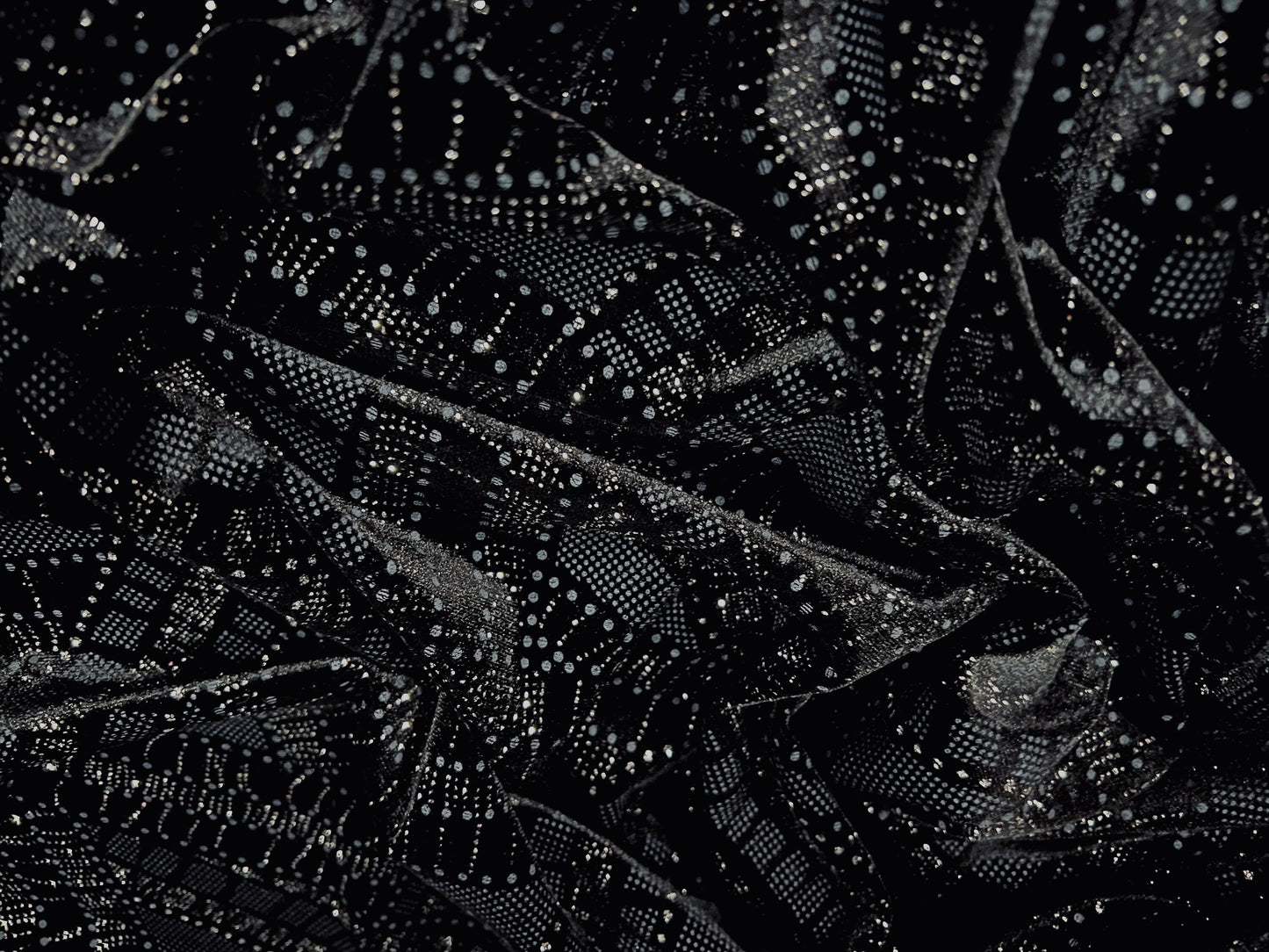 Spandex velvet stretch fabric, per metre - black with silver flock and geometric glitter print