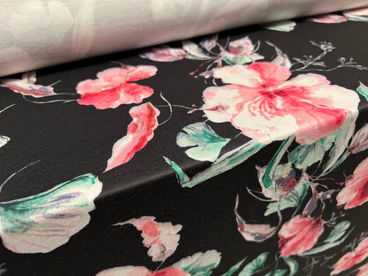 Ponte Roma double jersey stretch knit dress fabric, per metre - flower print - black & pink