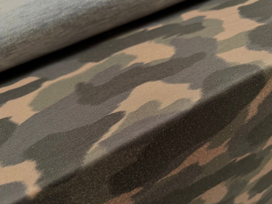 Soft handle single jersey fabric, per metre - camouflage print - khaki & brown