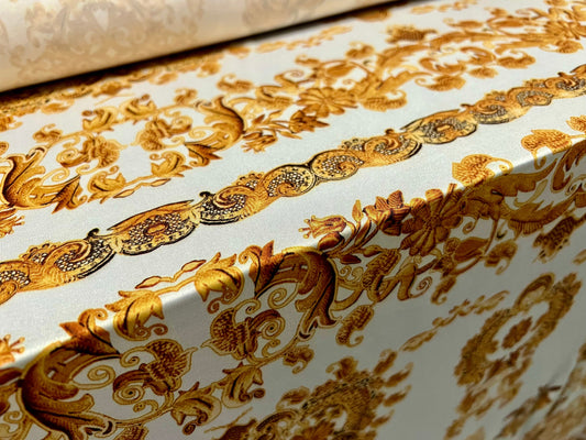 Soft touch stretch spandex single jersey fabric, per metre - Regency chains panel print - cream & gold