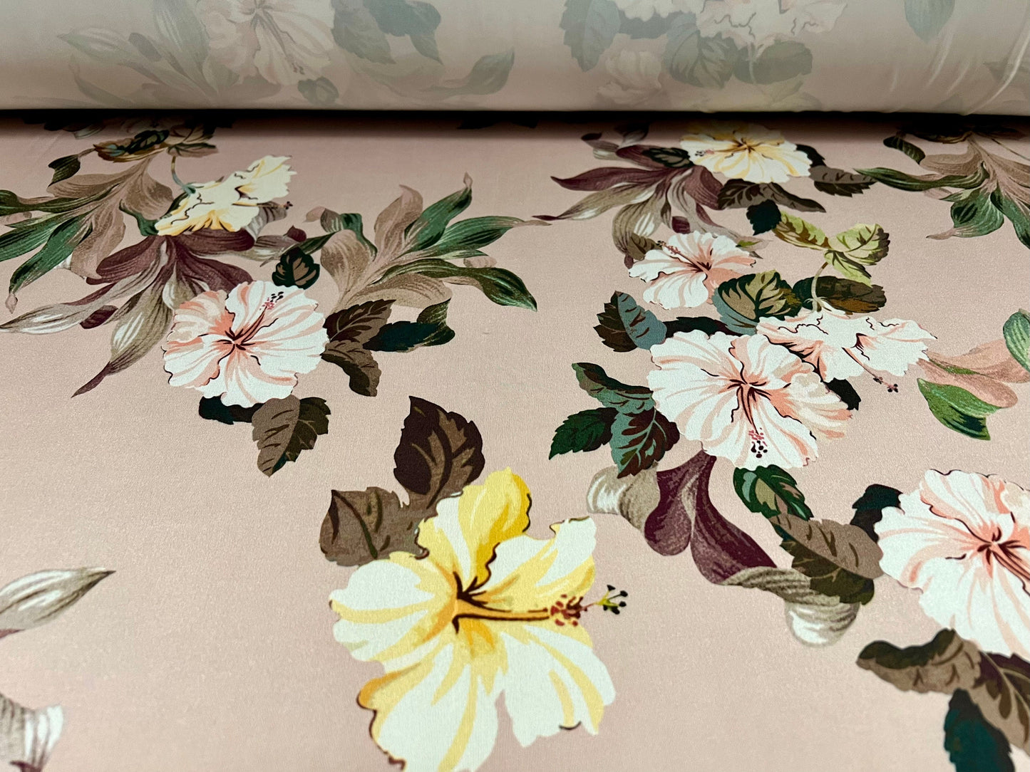 Soft touch stretch spandex single jersey fabric, per metre - flower print - nude