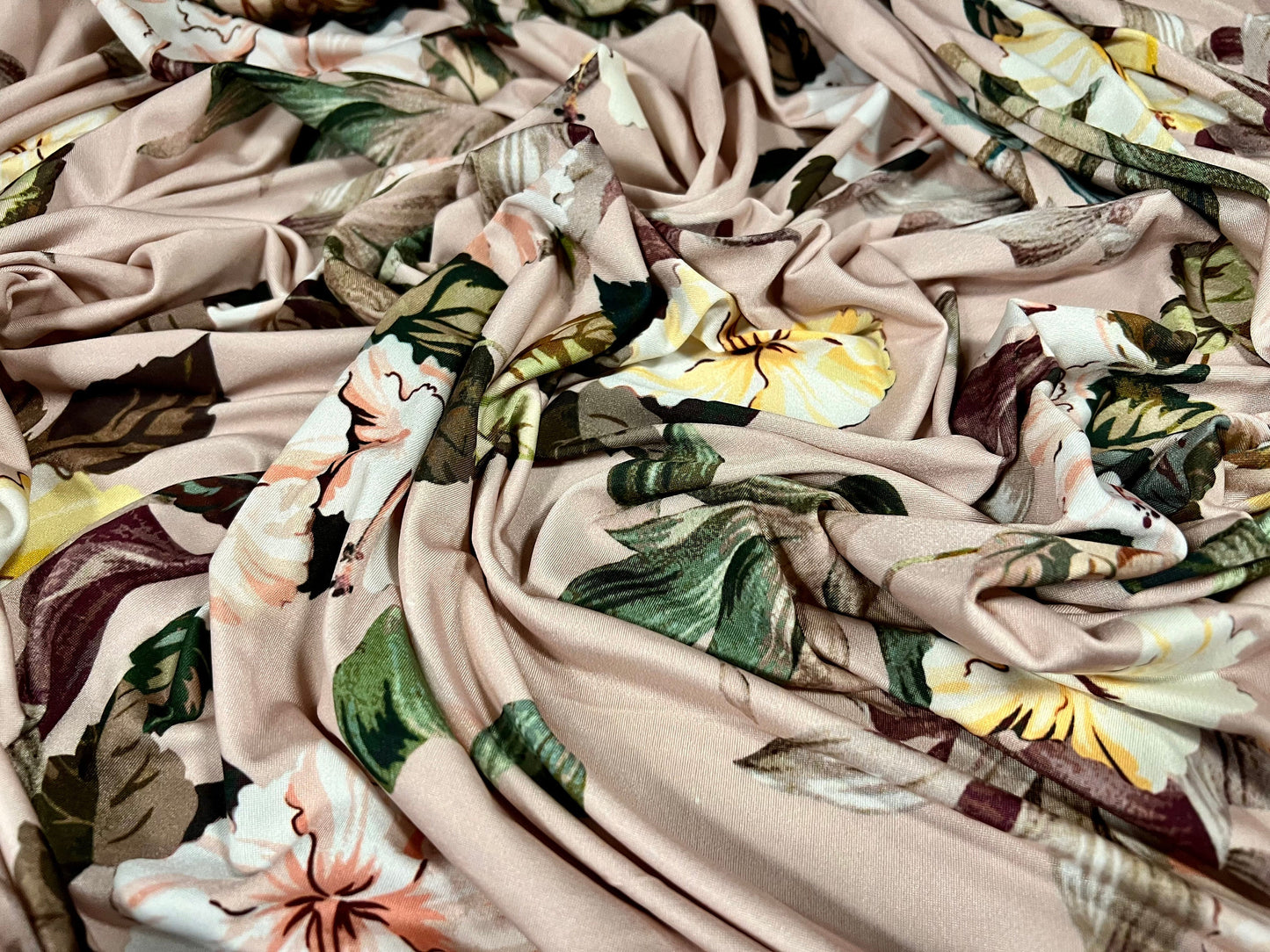 Soft touch stretch spandex single jersey fabric, per metre - flower print - nude