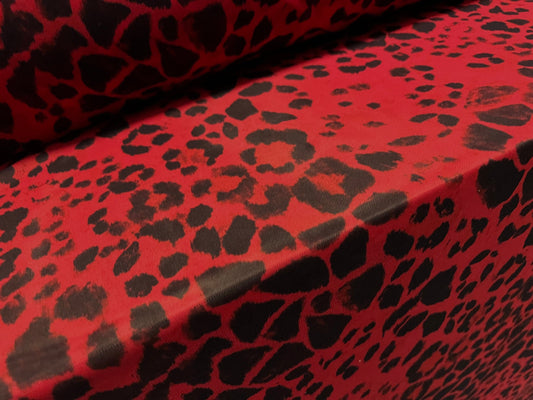 Power mesh net stretch spandex fabric, per metre - cheetah animal print - red & black