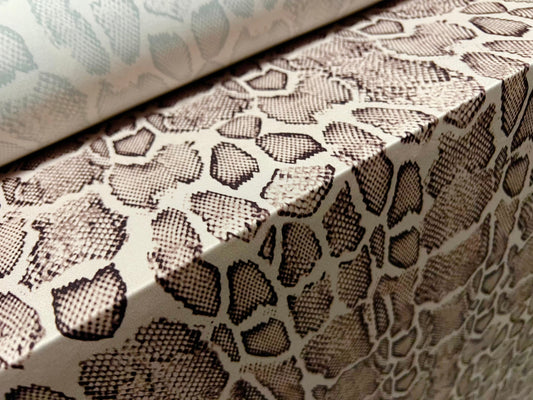 Soft touch stretch spandex jersey fabric, per metre - snakeskin print - cream & grey