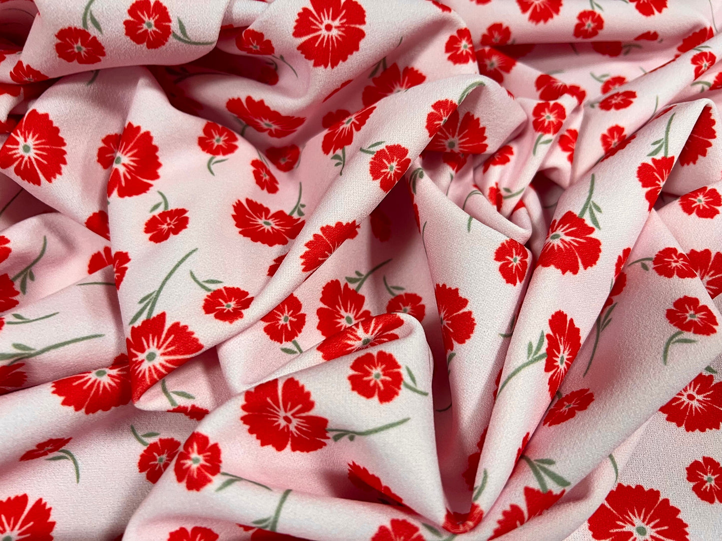 Scuba crepe stretch spandex double jersey fabric, per metre - poppy flowers print - red & pink
