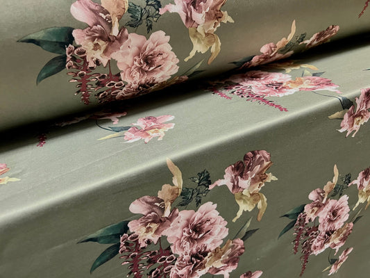 Scuba Stretch double jersey fabric, per metre - rose flower print - dark sage green