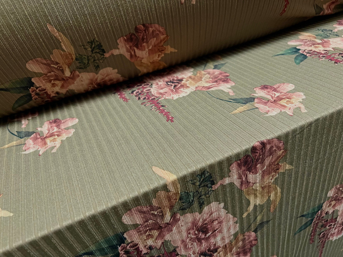 Recycled Spandex rib stretch jersey fabric, per metre - rose flower print - khaki green